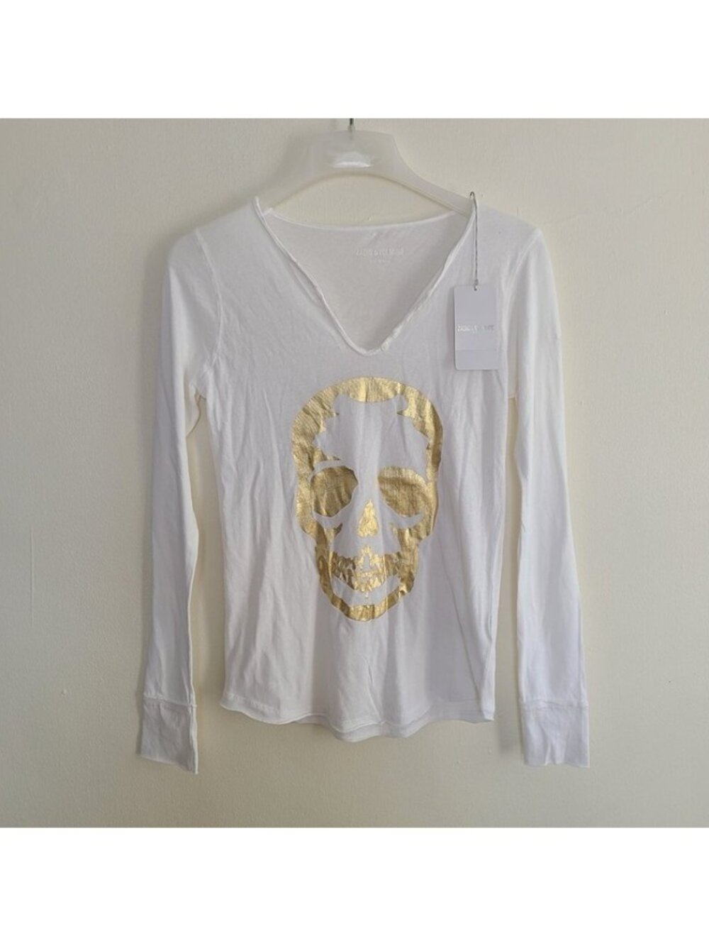 NWT Zadig & Voltaire Women’s Tunisien Foil Skull Graphic Henley White Size S